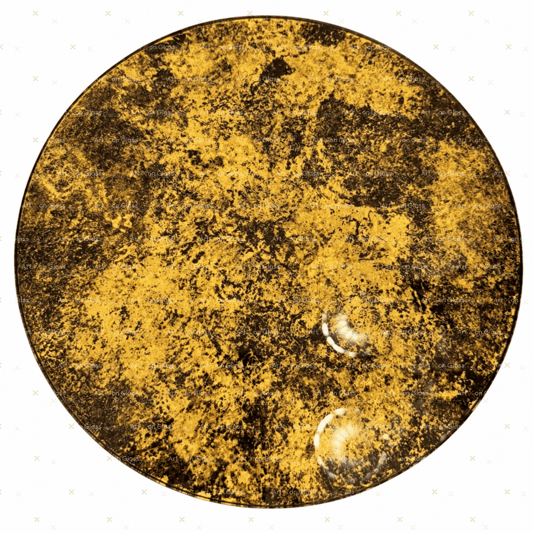 Rundes Glaskunstwerk aus gehärtetem Glas, Ø 30 cm, mit 24-Karat-Gold und von Hand aufgetragenen und gemalten Farben.