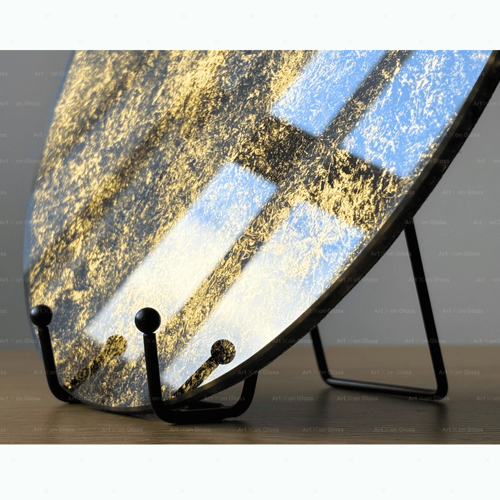 Rundes Glaskunstwerk aus gehärtetem Glas, Ø 30 cm, mit 24-Karat-Gold und von Hand aufgetragenen und gemalten Farben.